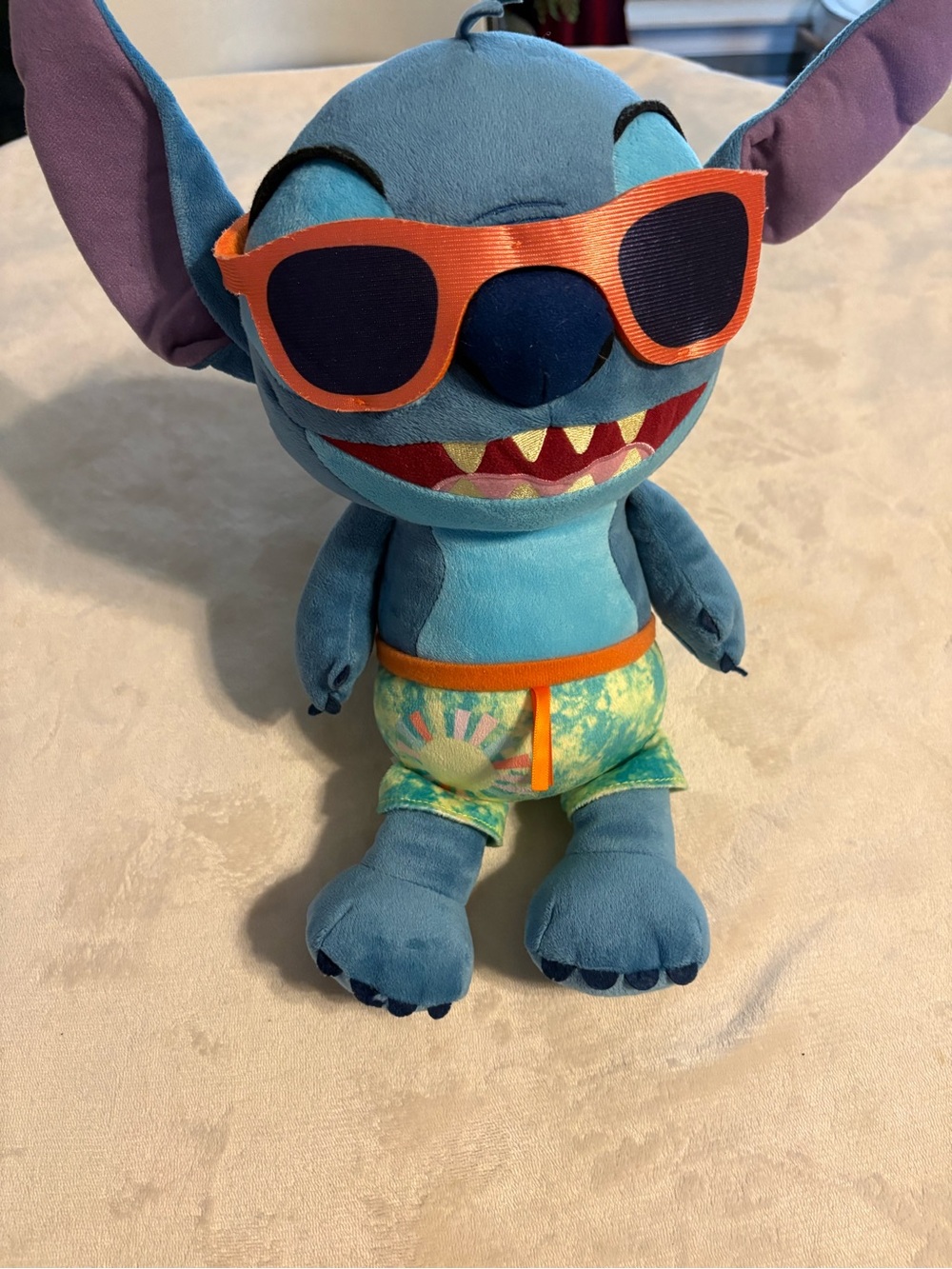 Disney Blue Stitch Plush with Orange Sunglasses and Green Swim Shorts
